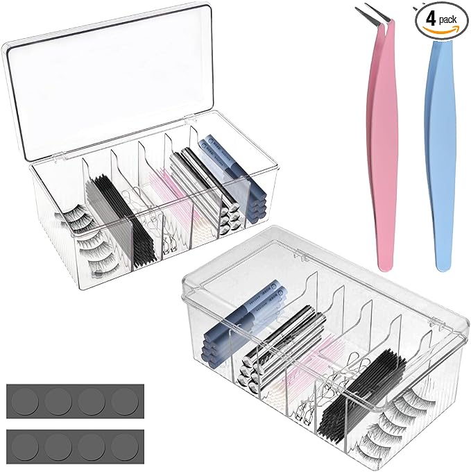 2PCS Acrylic Lashes Organizer, Eyelash Storage Box with 2PCS Tweezers and Sticky Notes, Large Capacity Eyelash Extension Supplies Organizer with Lid, Neatly Store and Organize Your Lash Supplies