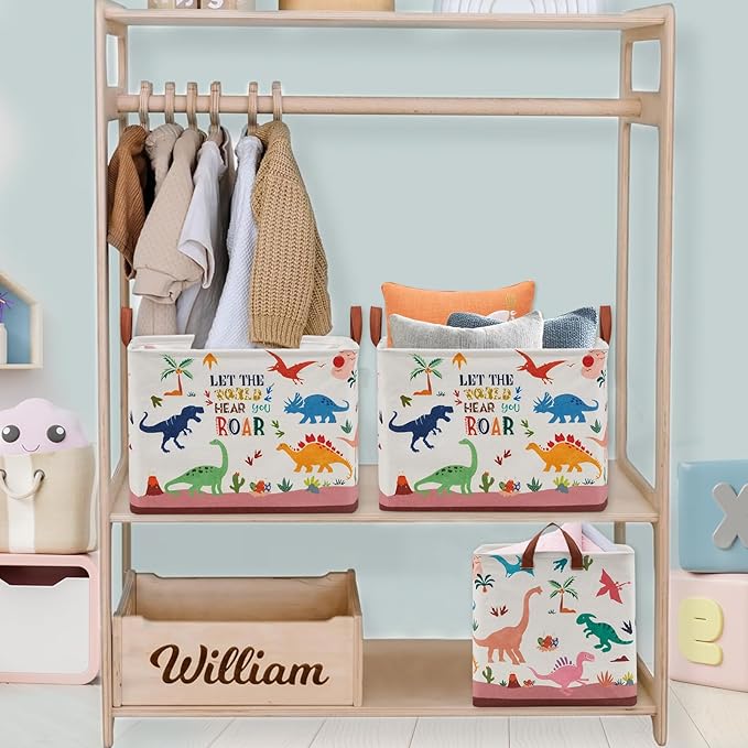 Dinosaur Room Decor Basket for Boys, 36L Volcano Baby Laundry Basket Leaf Cactus Kid Storage Bin Rectangular Collapsible Clothes Book Toy Bin for Boy,Pink Easter Gift