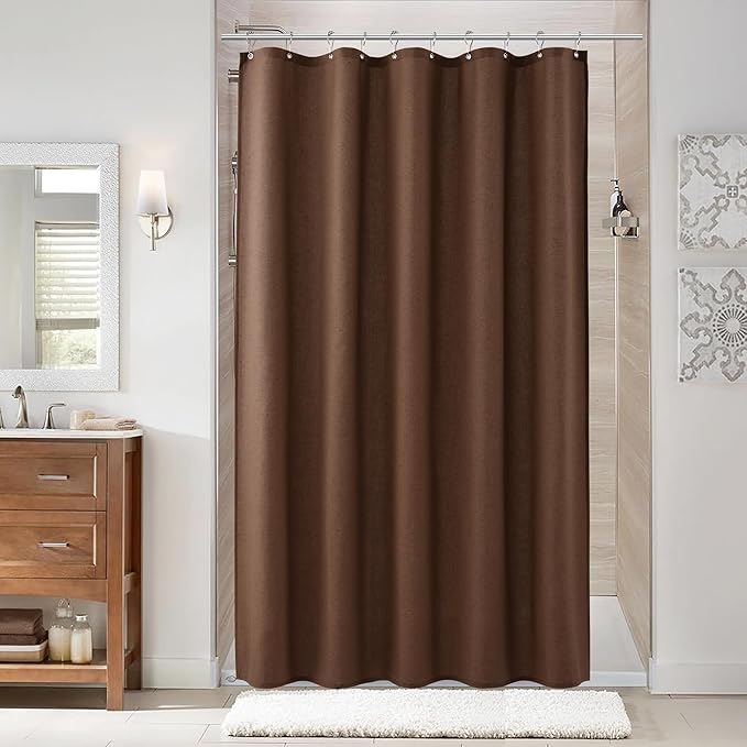 Naturoom Caramel Brown 60 Inch Shower Curtain - Stall Narrow Half Linen Ultra Thick Fabric Shower Curtain Set with Hooks, Boho Farmhouse Rustic RV Camper Bath Curtains for Bathroom, 60x72