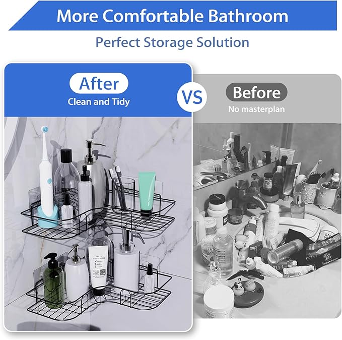 Corner Shower Caddy, 2 Pack Adhesive Shower Corner Organizer Shelves, No Drilling Stainless Steel Shower Storage Rack for Bathroom, Dorm and Kitchen, Black
