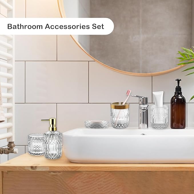 5Pcs White Bathroom Accessories Set, Glass Bathroom Accessories, Vintage Bathroom Countertop Decoration Includes Soap Dispenser, Toothbrush Holder, Qtip Holder,Soap Dish and Rinsing Cup