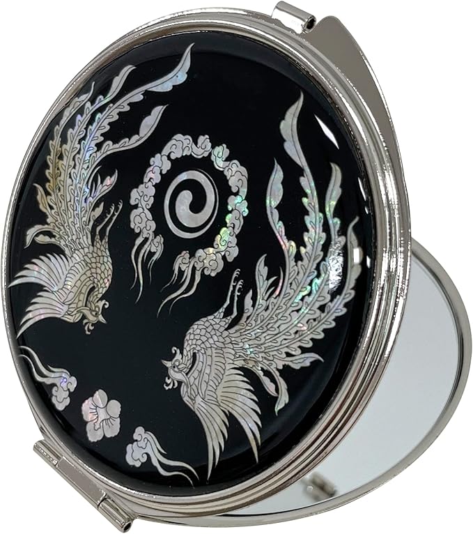 Portable Makeup Compact Double Magnifying Mirror Cosmestic Foldable Pocket Style Unique Mother of Pearl Design (Phoenix)