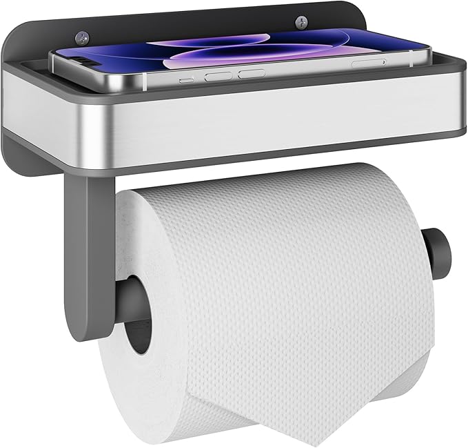 Kitsure Toilet Paper Holder with Shelf - Adhesive & Screw Wall Mount Toilet Paper Storage, Matte Black Design for Bathroom Decor, Space-Saving for Washroom, RV, Grey, 7.1" W