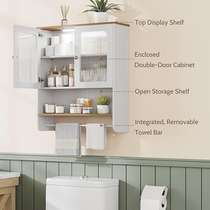 Fluted Bathroom Cabinet Wall Mounted with Towel Bar, Hanging Medicine Cabinet Organizer for Bathroom Storage w/ Motion Sensor LED Light, White Over Toilet Storage Cabinet w/ 2 Door, Adjustable Shelf