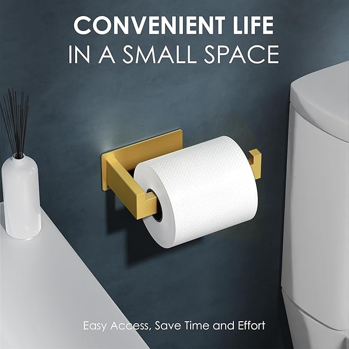 Auxmir No Drilling Self Adhesive Toilet Paper Holder, Premium Rustproof SUS304 Stainless Steel Roll Holder Wall Mount Tissue Holder for Bathroom Kitchen Washroom, Toilet Paper Holder-Gold