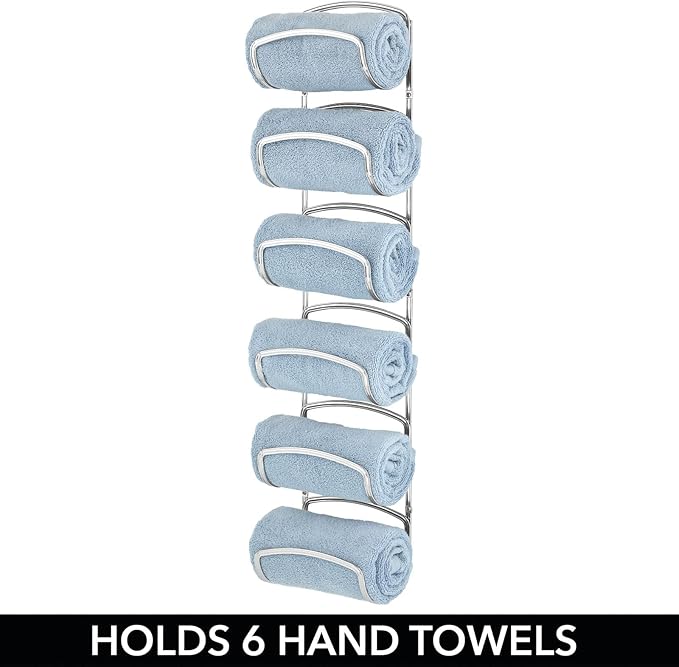 mDesign Metal Towel Shelves – Towel Rack for the Bathroom with 6 Compartments – Practical Bathroom Accessories for Both Large and Small Towels – Silver