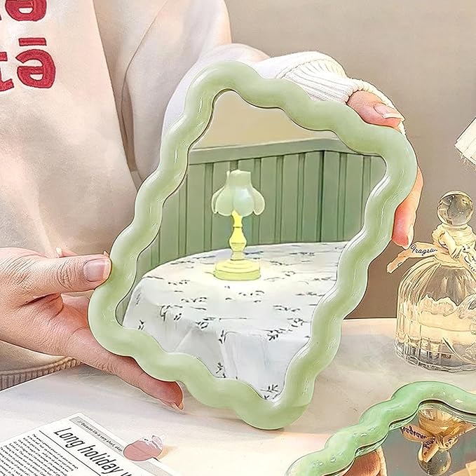 Wave Shaped Table Desk Vanity Makeup Mirror Portable Folding Cute Travel Make Up Mirror for Standing Hanging 6.7X5.3 Inch Home Decoration (Green)