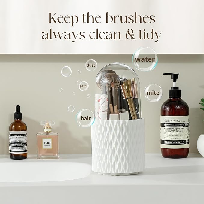 Makeup Brush Holder with Lid, 360?? Rotating Dustproof 5-Slot Cosmetic Organizer for Vanity Countertop, Spinning Brush Caddy with Cover for Lipstick, Hair Brush & Art Supply, White