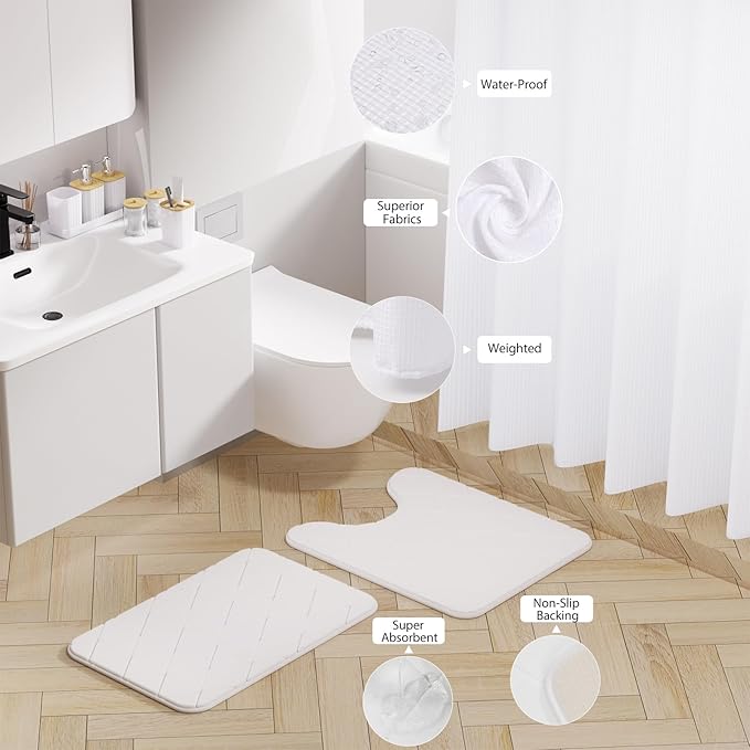 Bathroom Accessory Set - 25PC Bathroom Sets with Shower Curtain and Rugs, White Bathroom Set, Bathroom Accessories Set, Shower Curtain Sets with Rugs, Bathroom Trash Can & Soap Dispenser