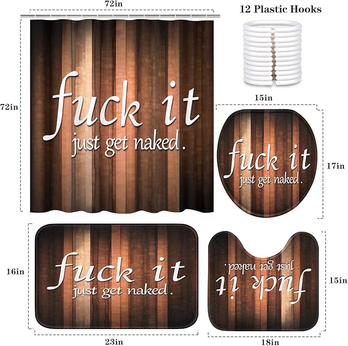 ArtSocket 4PC Funny Get Naked Vintage Abstract Orange Brown Striped Background Shower Curtain Sets Bathroom Decor with Rugs, Non-Slip Rug,Toilet Lid Cover, Bath Mat and 12 Hooks 72x72 inches