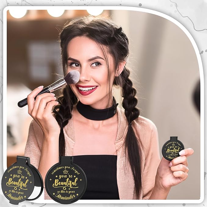 100 Pcs 2.76 Inch Inspirational Compact Mirror Bulk Women Small Gifts Graduation Party Favors Purse Mirror Pocket Mini Stuffer Items for Adult Coworker Cheerleader Employee (Black)