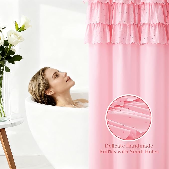 Pink Ruffle Shower Curtain with Small Holes, Girls Women Fabric Shower Curtain with Delicate Handcrafted Ruffles, Waterproof Ruched Farmhouse Decorative Bathroom Curtain, 72" W x 72" H