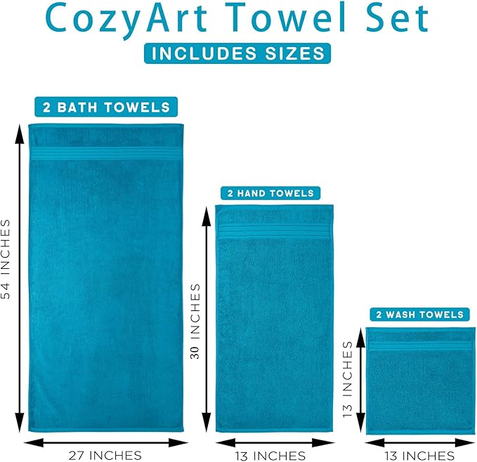 COZYART Crystal Teal/Peacock Blue Bath Towel Set for Bathroom Soft Absorbent Durable 650 GSM Turkish Cotton Towel Set of 6, 2 Large Bath Towels, 2 Hand Towels, 2 Washclothes