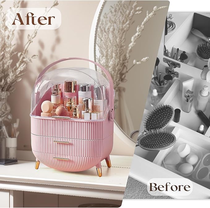 RMAN Makeup Organizer for Vanity Make up and Cosmetics Storage with Lid and Drawers Skincare Organizers Display Cases for Countertop Bathroom Dresser(Pink)