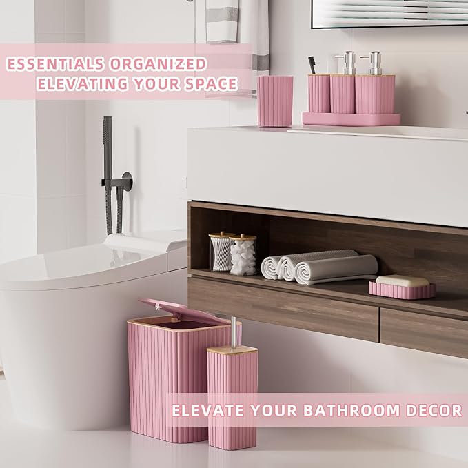 XLHOMO Bathroom Accessories Set - Elegant Pink Bathroom Set, 10PC Bathroom Accessory Set, Toilet Brush, Bathroom Trash Can