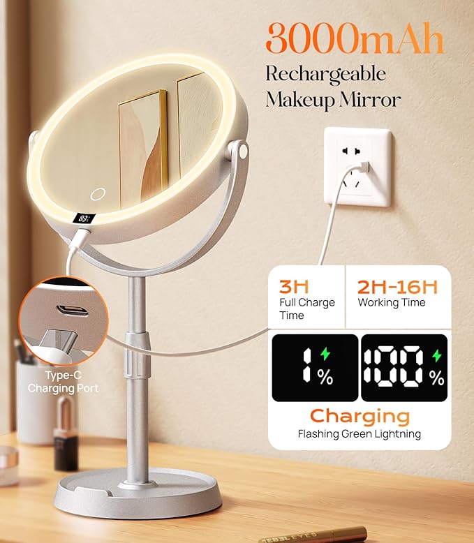 Gospire Plastic Frame 8" Lighted Makeup Mirror with Lights and Magnification, 20X Magnifying Mirror with Light for Makeup Desk, Height Adjustable and Digital Display, Shaving Mirror for Bathroom