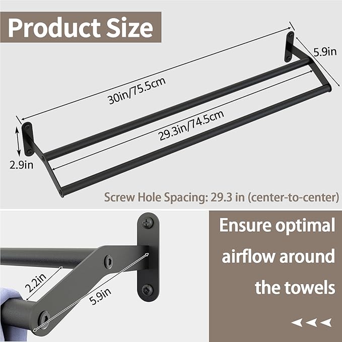 Double Towel Bar for Bathroom Wall 30 Inch Matte Black, Double Towel Racks for Bathroom Wall Mounted, Stainless Steel Bathroom Towel Holder Towel Hanger (Double Bar-Black, 30 in)