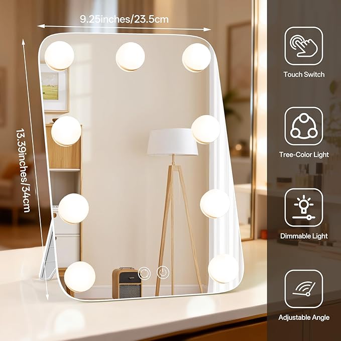 Vanity Mirror with Lights, Hollywood Lighted Vanity Mirror with 9 Dimmable Bulbs for Bedroom, Makeup Mirror with Lights, 3 Color & Brightness Adjustment, USB Charging Port (13.39"x23.5")
