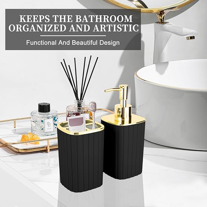 2PCS Bathroom Accessories Set, Black and Gold Bathroom Accessories Include Soap Dispenser and Toothbrush Holder for Boho Bathroom Decor