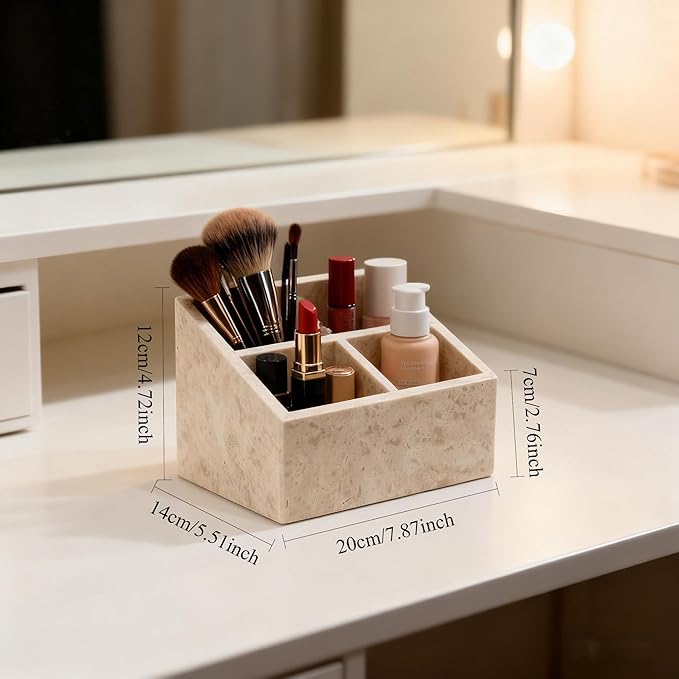 Marble Desk Organizer with 3 Compartments, White and Purple Pattern, Modern Design (Beige)