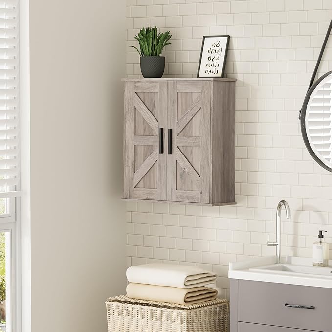Homleke Bathroom Wall Cabinet, Over Toilet Storage Cabinet with Barn Doors and Adjustable Shelves, 3-Tier Medicine Cabinet Wall Mounted, for Bathroom, Kitchen, Entryway, Laundry Room, Greige, (7.9" D)