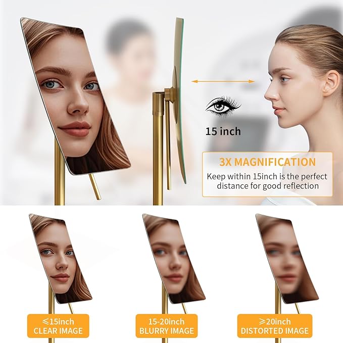 Bronze Table Standing Rectangular Vanity Makeup Mirror with 3X Magnification, Highly Adjustable, Crafted from 304 Stainless Steel, for Hotel Bathroom