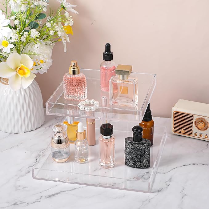 2-Tier Acrylic Perfume Organizer Clear Cosmetic Storage Tray for Dresser & Countertop Sturdy Perfume Display Stand with Non-Slip Base, Multi-Purpose Makeup Jewelry Holder