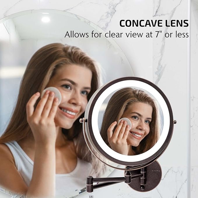 OVENTE 9" Lighted Wall Mount Makeup Mirror with 1X/7X Magnification, Cordless Double Sided Magnifying Round Vanity Mirror, 360° Swivel Design, Extendable and Folding Arm, Antique Bronze MFW85ABZ1X7X