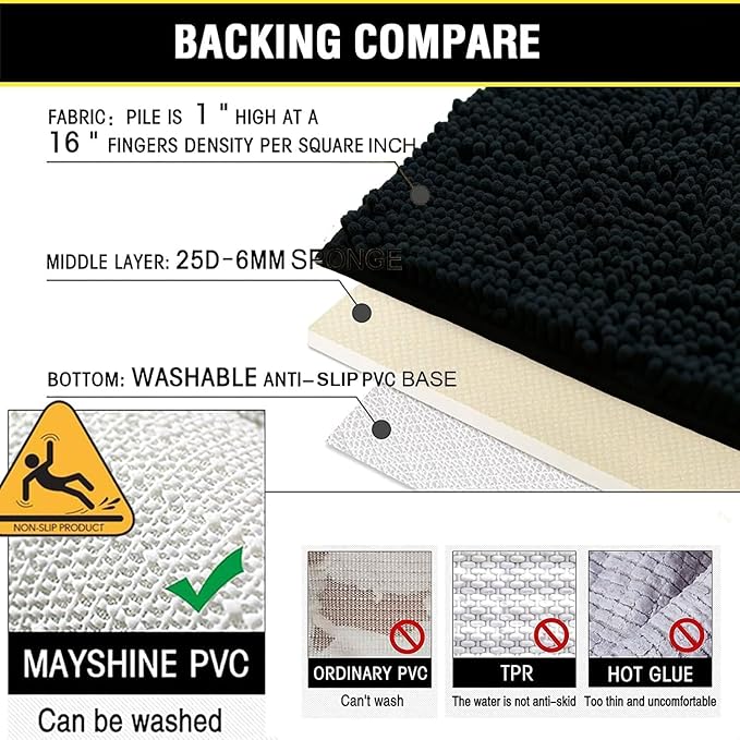 BOANKODU Bathroom RugsSets 2 Piece，59X24+16X24Inch，Absorbent Non-Slip Very Soft Chenille Mat,Machine Washable （Black）