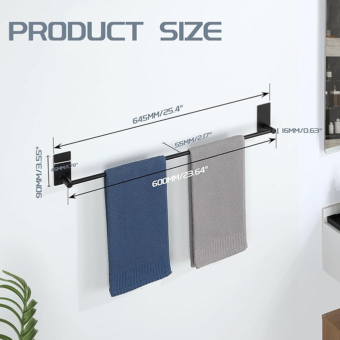 Alise Adhesive Towel Bar, 24 Inch Towel Racks for Bathroom SUS 304 Stainless Steel,Bathroom Towel Holder No Drill, Strong Self Adhesive Towel Bar, Matte Black
