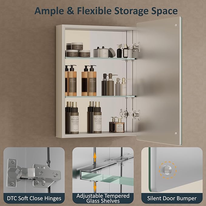 20x28 Inch Medicine Cabinet with Mirror, Recessed or Surface Mounted Bathroom Cabinets for Storage, 2 Fully Adjustable Tempered Glass Shelves, Soft-close DTC Hinges, HD Reflection Mirror Door, Silver