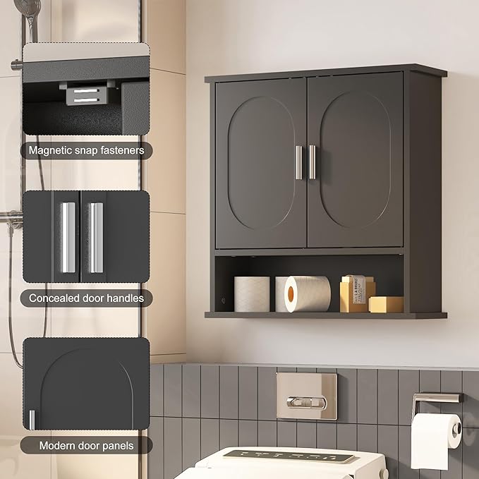 23x24 Bathroom Medicine Cabinet,2 Doors Oval Bathroom Wall Cabinet,Over The Toilet Storage Cabinet for Bathroom/Kitchen,Wall Mounted Medicine Cabinets,Black Bathroom Cabinets with Storage