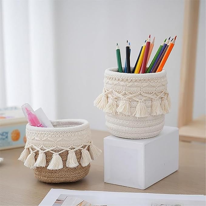 MSUIINT Macrame Makeup Brush Holder Organizer, Brushes Mini Storage Basket, Hand Woven Cotton Rope Basket, Boho Decor Baskets for Comb Cosmetics Pen Pencil Container (C)