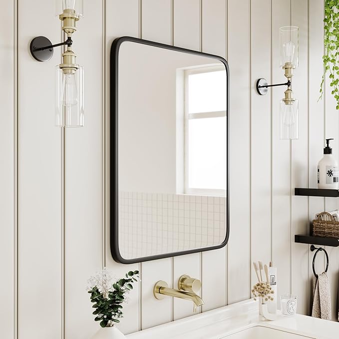 AGDULL Vintage-Style Bathroom Wood Black Cabinet with 16.5''x24'' Black Metal Frame Curved Mirror, Recessed Medicine Cabinet, in Wall or Surface Mount Bathroom Storage Cabinet