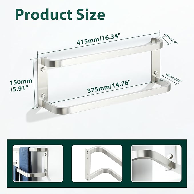 Towel Racks for Bathroom 16.2 Inch, SUS304 Stainless Steel Rustproof Double Towel Bars Wall Mount, Heavy Duty Towel Holder for Bathroom Laundry Room Hotel Modern Home Decor