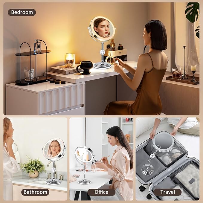 Lighted Makeup Mirror,4000mAh Rechargeable Double Sided Magnifying Mirror 1x/10x with 3 Colors Stepless Dimming, 360° Rotation Vanity Mirror with Lights, Memory Function,Women Gift