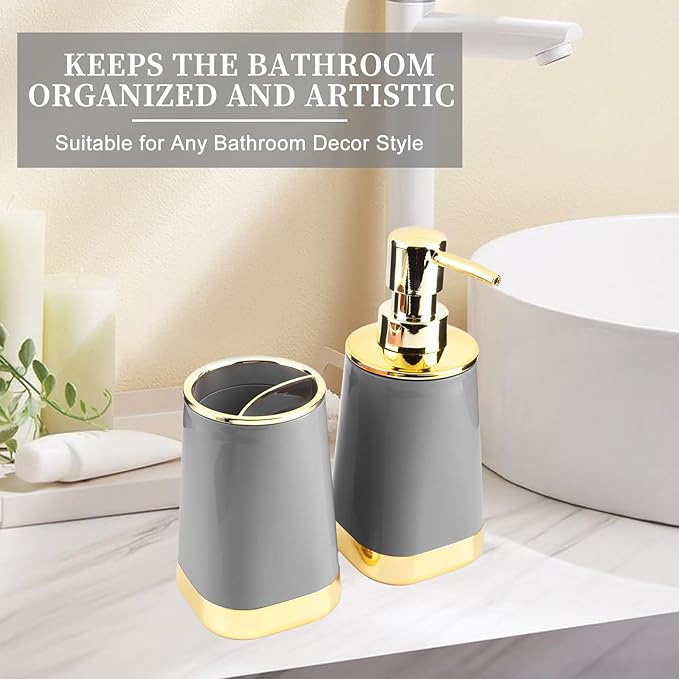 Bathroom Accessories Set, 2Piece Grey and Gold Bathroom Accessories Include Soap Dispenser and Toothbrush Holder for Modern Bathroom Decor