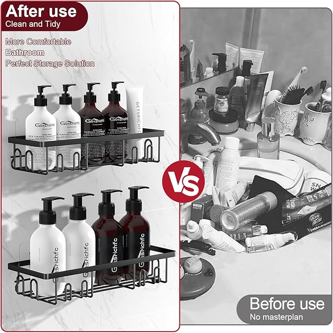 Getsrichfc Adhesive Shower Caddy, Shower Shelves with 16 Hooks, Rustproof Shelf Wall Corner Racks for Inside Bath, No Drilling & Sleek Bathroom Organizers and Storage Caddies Soap Holder, 2 Pack