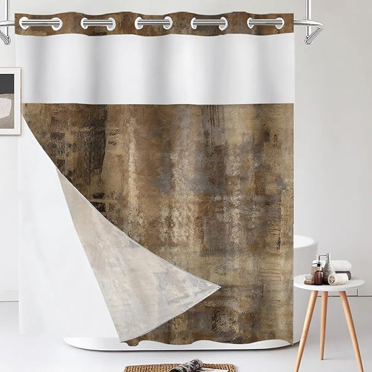 Shrahala Brown Abstract Art No Hooks Shower Curtain with Snap in Liner Set, Grey Acrylic Bathroom Décor Polyester Fiber Waterproof for Stall Bathtubs 71 X 86 in