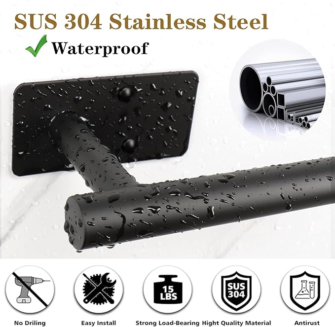 Self Adhesive Bath Towel Bar, Stainless Steel Towel Racks for Bathroom Sticky & Wall Mounted Install Towel Holder,Heavy Duty Towel Rod Rustproof Towel Hanger for Bathroom(Brushed Nickel,24In)