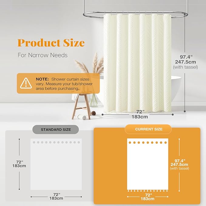 BTTN 96 Inch Extra Tall Shower Curtain, 72 x 96 Long Bohemian Tufted Striped Tassel Shower Curtain Set with 12 Hooks, Water Repellent, Boho Farmhouse Country Shower Curtains for Bathroom, Cream/Beige