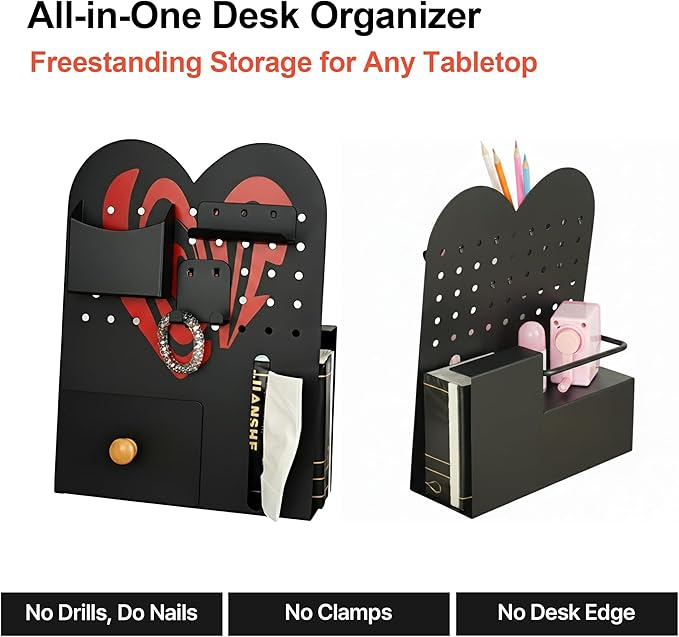 Magnetic Pegboard Organizer for Office Desk, Makeup Vanity, Stationery Storage, Gaming Desktop with 4 Metal Accessories Drawer Holder Hooks Modular - Home Decor Tabletop Display Kids Room - Black