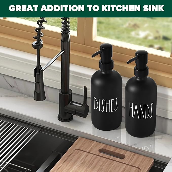VIMERPA Hand and Dish Soap Dispenser Set, Matte Black Hands Dishes Soap Dispenser Set for Kitchen, 2 Pack Glass Soap Dispensers Set with Plastic Pump, 17 Fl Oz Refillable Liquid Soap Bottles