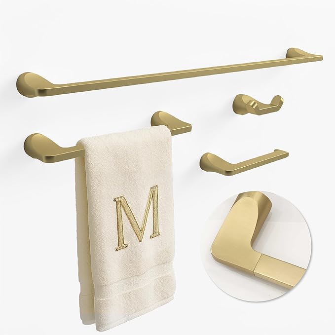 Mega Handles Bathroom Towel Holder Set - 4 Pieces Bathroom Accessories Sets - Heavy Duty Bathroom Accessory Set, 25'' Towel Bar, Robe Hooks & Toilet Paper Holder Wall Mounted - Satin Brass Bath Suite