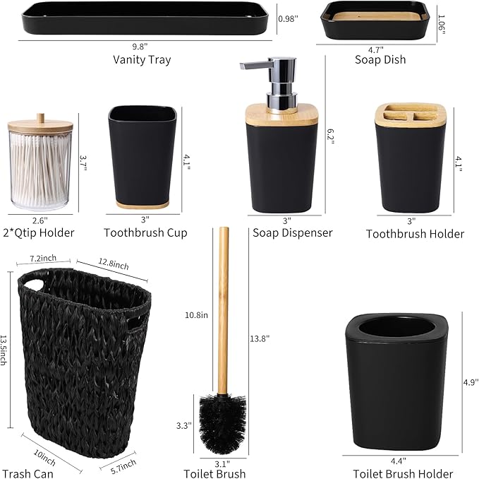 XLHOMO Black Bathroom Accessories Set with Wicker Trash Can, Black Bathroom Accessories Set Bathroom Sets Small Waste Basket Bathroom Trash Can for Bedroom Bathroom