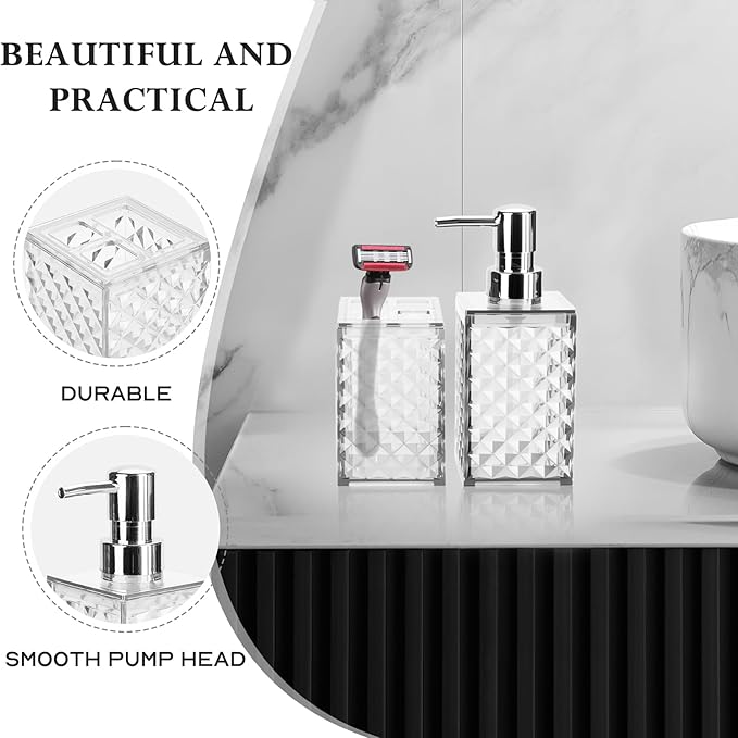 Bathroom Accessories Set 2 PCS, White Bathroom Accessories Include Soap Dispenser and Toothbrush Holder, Diamond Pattern Bathroom Set for Boho Bathroom Decor