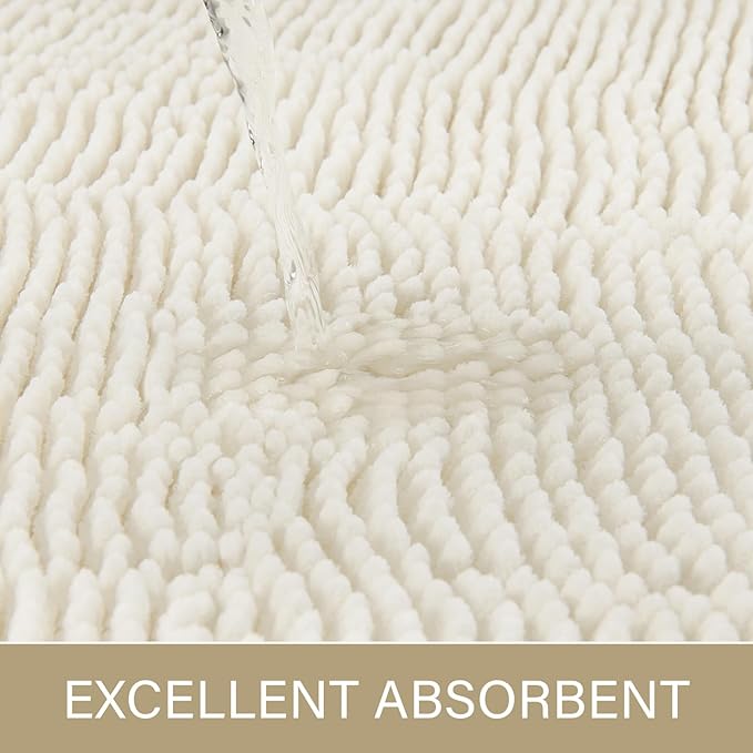 LOCHAS Luxury Bathroom Rug Shaggy Bath Mat 24 x 60 Inch, Washable Non Slip Bath Rugs for Bathroom Shower, Soft Plush Chenille Absorbent Carpets Mats, Cream White