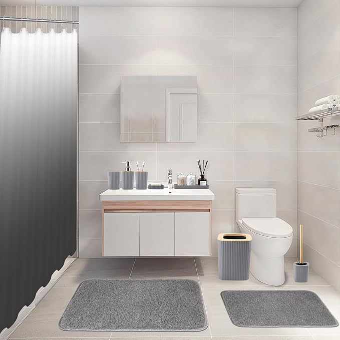 XLHOMO Bathroom Accessory Set–Bathroom Set with Shower Curtain and Rugs, No Slip Bathroom Rugs Super Absorbent, Grey Ombre Waterproof Shower Curtain with Hooks, Gray Bathroom Sets Complete for Home