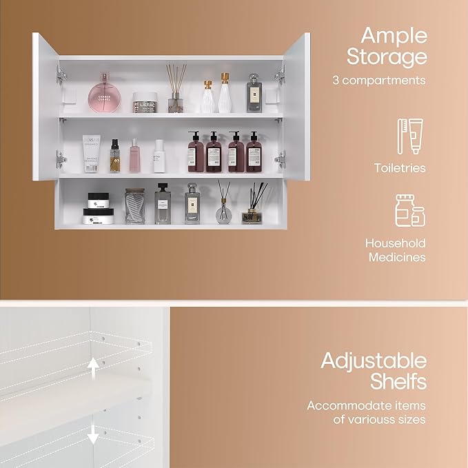 Bathroom Cabinet with Mirror, Wall Cabinet with 2 Mirrored Doors, Adjustable Shelf, Open Compartment, Wall-Mounted, 24x32 Inches, White (Assembly Required)