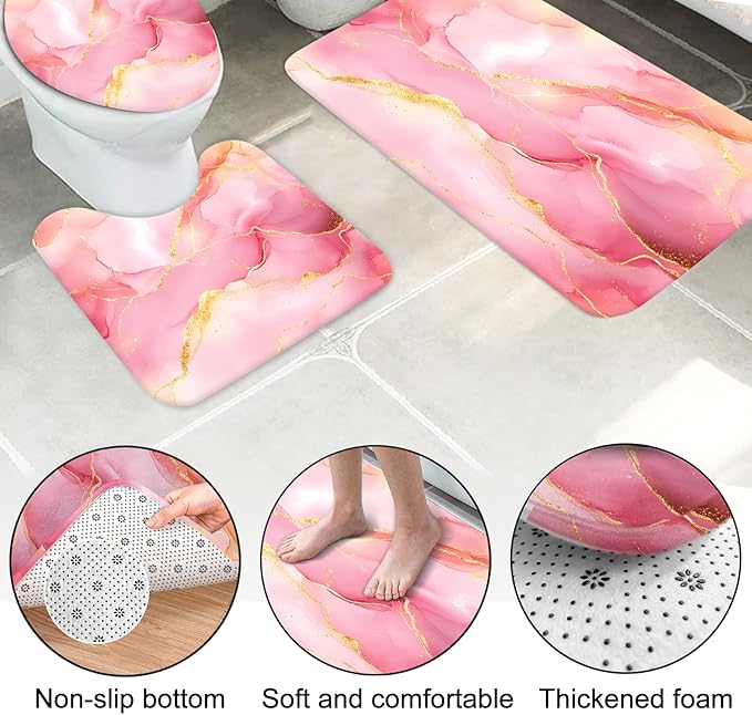 Lnond 4Pcs Bathroom Sets with Shower Curtain and Rugs, Pink Gold Marble Modern Art Shower Curtain Sets with Rugs and Accessories